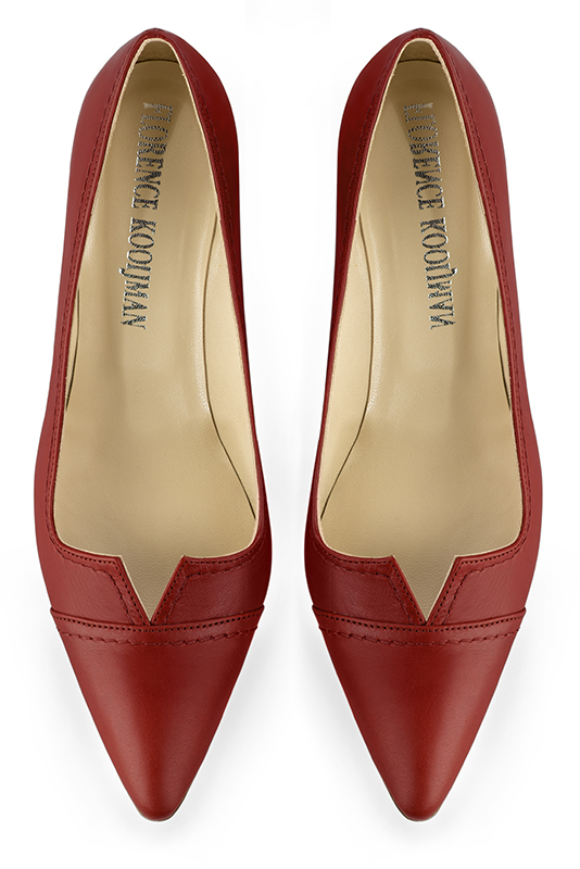Scarlet red women's dress pumps,with a square neckline. Tapered toe. Medium comma heels. Top view - Florence KOOIJMAN